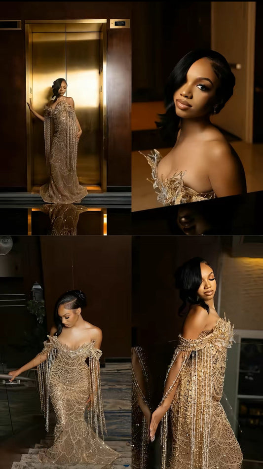 Golden Goddess Off-Shoulder Luxury Gown ✨