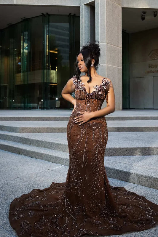 ELEGANT SPARKLE BROWN MERMAID COURT TRAIN V-NECK SLEEVELESS PROM DRESSES