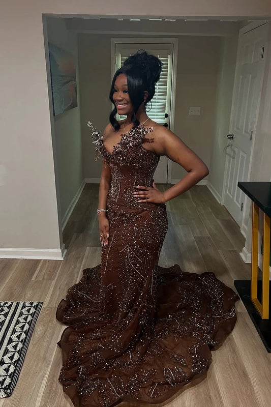 ELEGANT SPARKLE BROWN MERMAID COURT TRAIN V-NECK SLEEVELESS PROM DRESSES