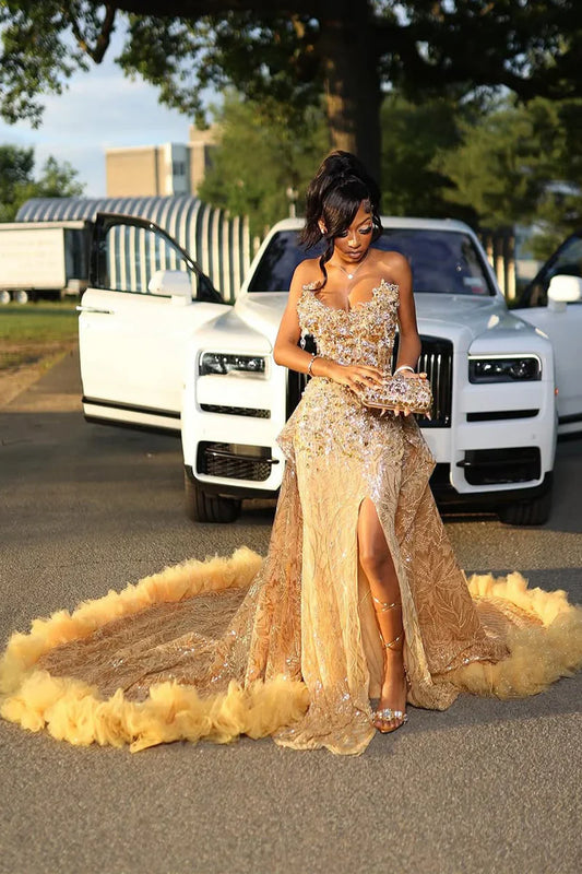 GOLD SWEETHEART BEADED SPARKLES COURT TRAIN FLOWERS PROM DRESSES
