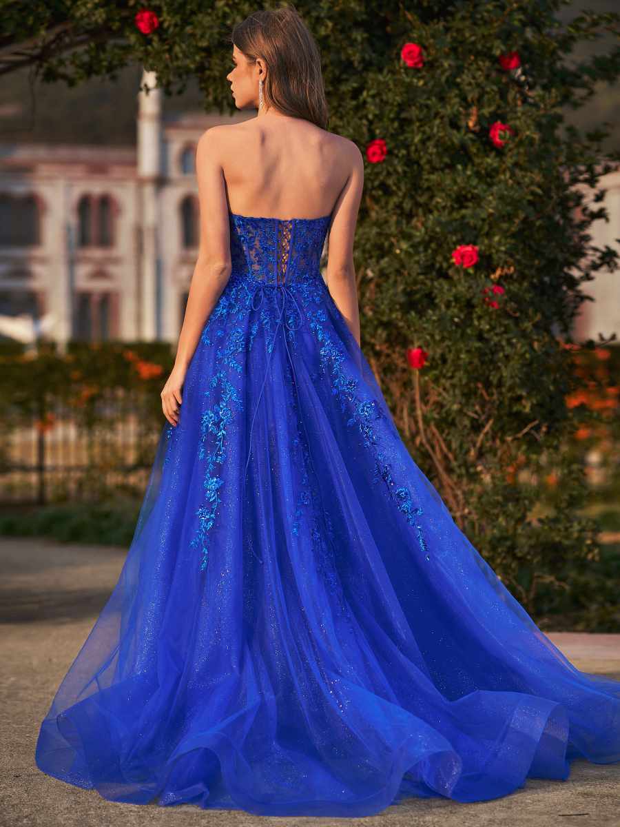 A-line Sweetheart Appliques Lace Sweep Train Tulle Corset Dress