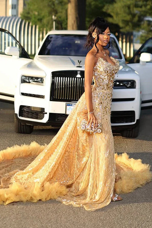 GOLD SWEETHEART BEADED SPARKLES COURT TRAIN FLOWERS PROM DRESSES