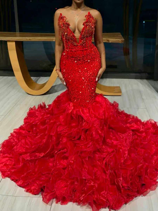 Mermaid V-neck Cascading Ruffles Court Train Organza Corset Prom Dress